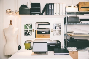 A photo of a very neat and attractive home office with a computer.