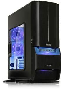 A photo of our top-of-the-line gaming computer with blue lights and clear case.